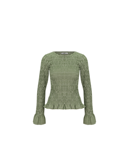 SKY SHIRRED LONG SLEEVE FOREST GINGHAM