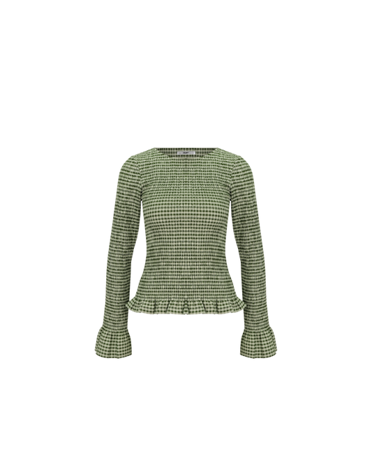SKY SHIRRED LONG SLEEVE FOREST GINGHAM