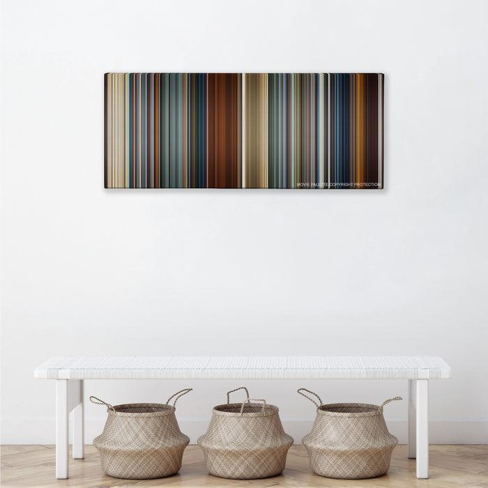Skyfall color palette canvas above a white bench with three woven baskets