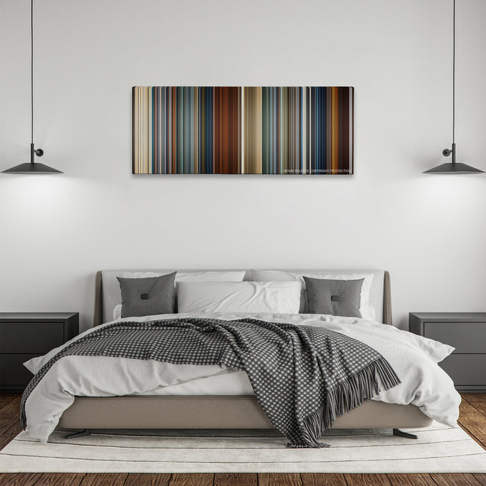 Skyfall color palette canvas above a bed, between two black pendant lamps