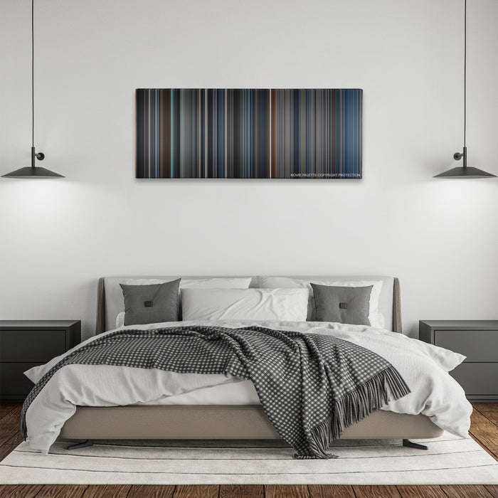 Sleepy Hollow color palette canvas above a bed, between two black pendant lamps
