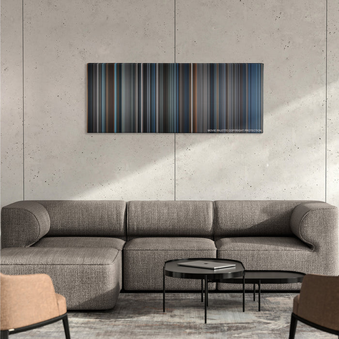 Sleepy Hollow color palette canvas on a concrete wall above a gray sectional sofa