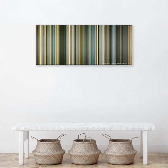 Slumdog Millionaire color palette canvas above a white bench with three woven baskets
