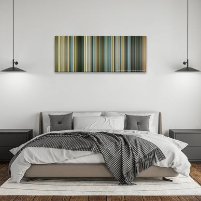 Slumdog Millionaire color palette canvas above a bed, between two black pendant lamps