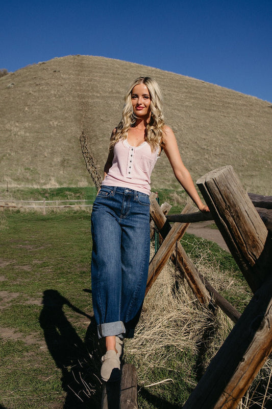 ribbed henley tank top for summer outfits, country concert looks, rodeo fashion, coastal cowgirl style, vacation outfits, western summer fashion, and casual boho boutique clothing from Sand + Charcoal Boutique.