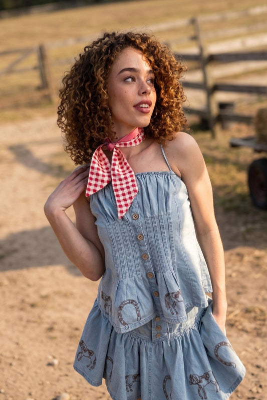 denim peplum top with horseshoe embroidery, western inspired sleeveless top for country outfits, rodeo style and boutique summer wear