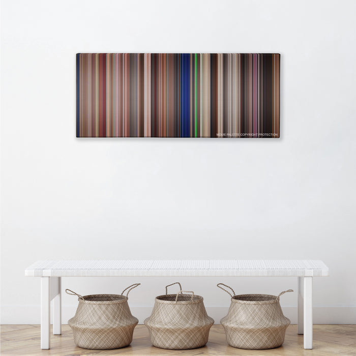 Starship Troopers color palette canvas above a white bench with three woven baskets