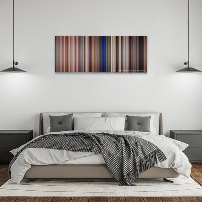 Starship Troopers color palette canvas above a bed, between two black pendant lamps
