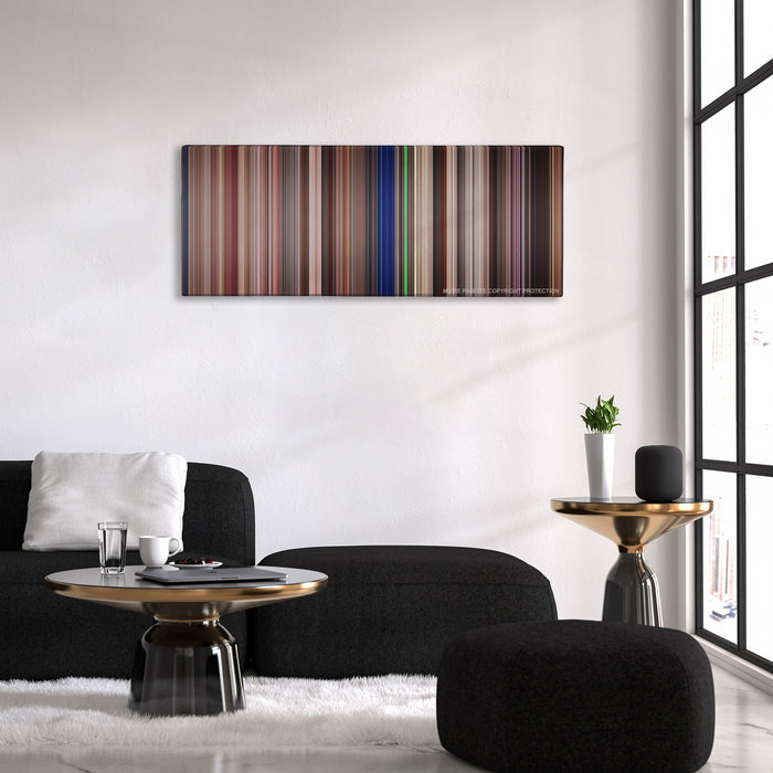 Starship Troopers color palette canvas above a black sofa with a gold-topped table