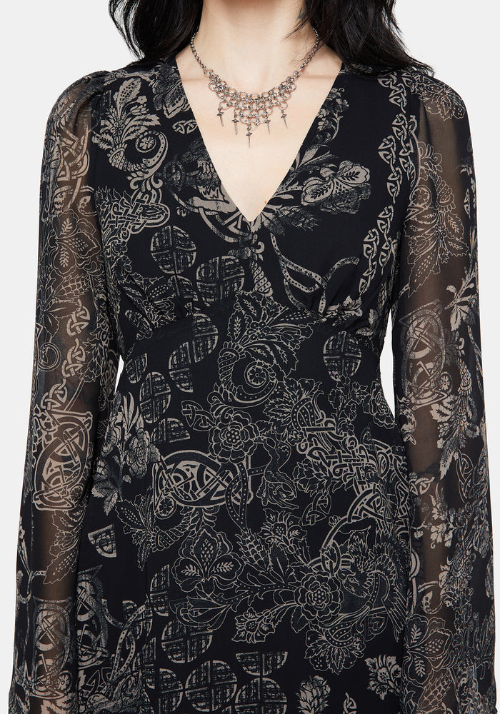 Surge Celtic Print Ruffle Neck Midi Dress