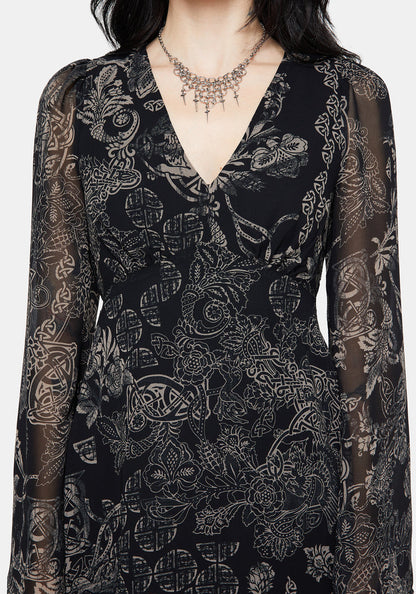 Surge Celtic Print Ruffle Neck Midi Dress