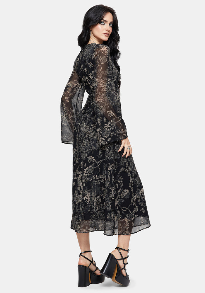 Surge Celtic Print Ruffle Neck Midi Dress