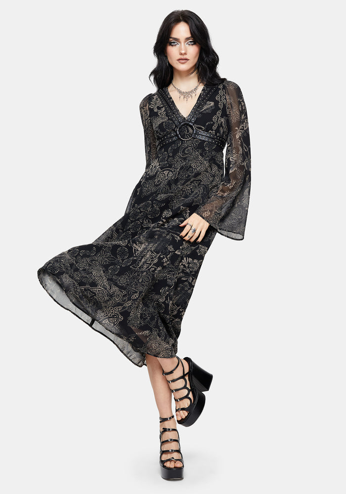Surge Celtic Print Ruffle Neck Midi Dress