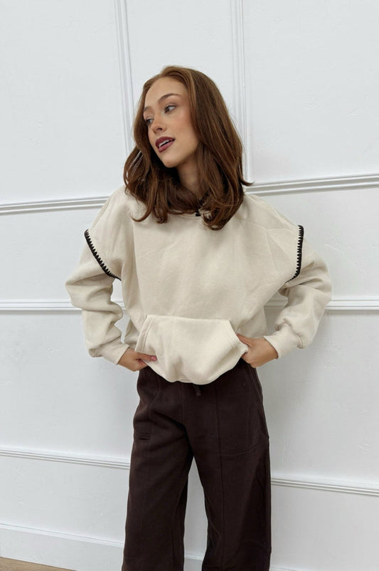Women's Pullover Hoodie, Scallop Trim Sweatshirt, Cozy Loungewear, Aesthetic Oversized Hoodie, Feminine Casual Wear, Neutral Pullover, Sand and Charcoal Hoodie.