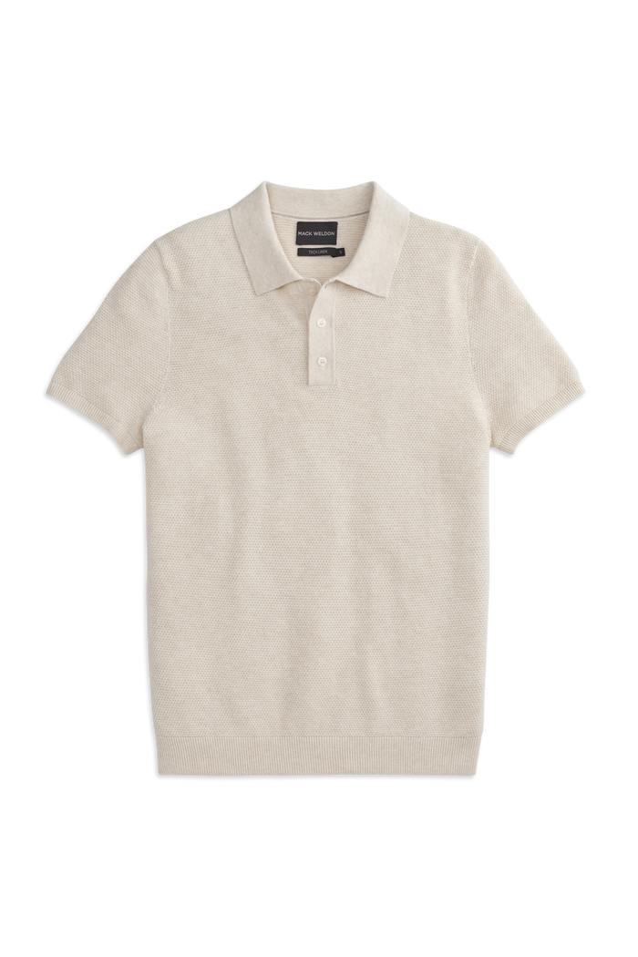 Front view of a Tech Linen Button Up Sweater Polo in the color Latte Heather