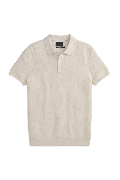 Front view of a Tech Linen Button Up Sweater Polo in the color Latte Heather