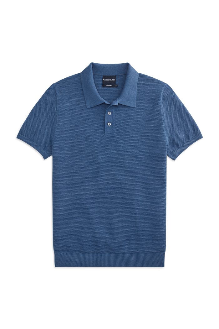 Front View of the Tech Linen Sweater Polo in Deep Lagoon Heather