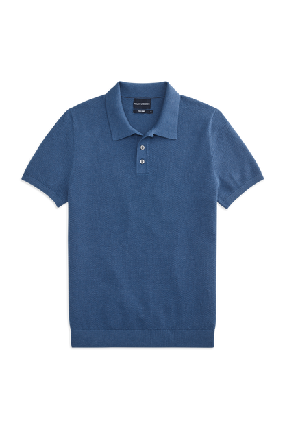 Front View of the Tech Linen Sweater Polo in Deep Lagoon Heather
