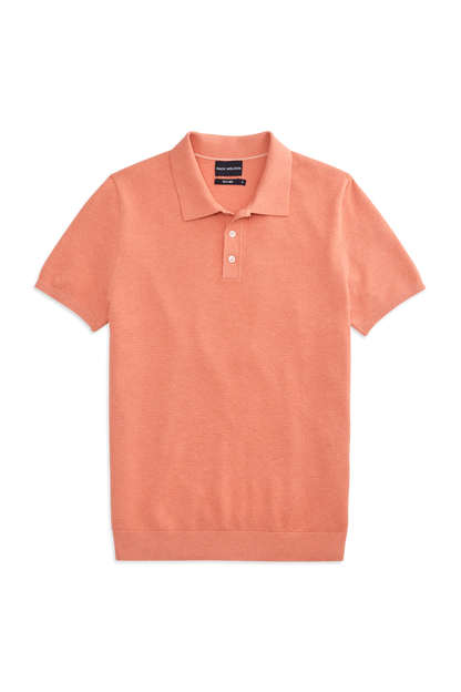 Front View of the Tech Linen Sweater Polo in Shell Coral Heather