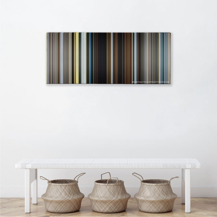 The Dark Tower color palette canvas above a white bench with three woven baskets