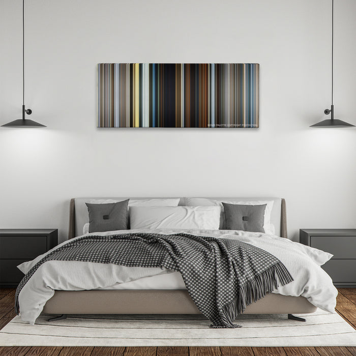 The Dark Tower color palette canvas above a bed, between two black pendant lamps