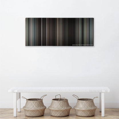 The Great Escape color palette canvas above a white bench with three woven baskets