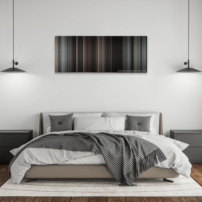 The Great Escape color palette canvas above a bed, between two black pendant lamps