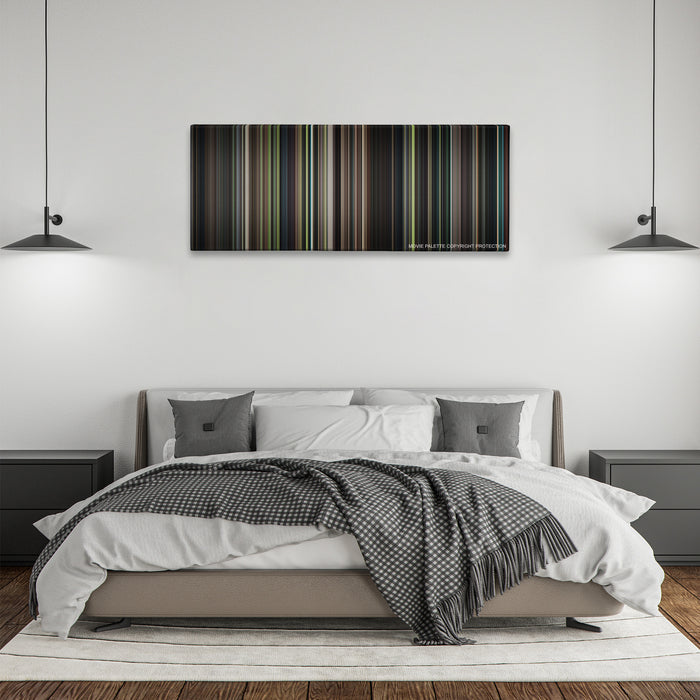 The Handmaiden color palette canvas above a bed, between two black pendant lamps