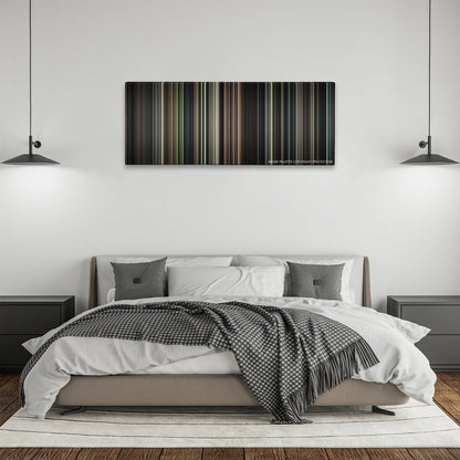 The Handmaiden color palette canvas above a bed, between two black pendant lamps