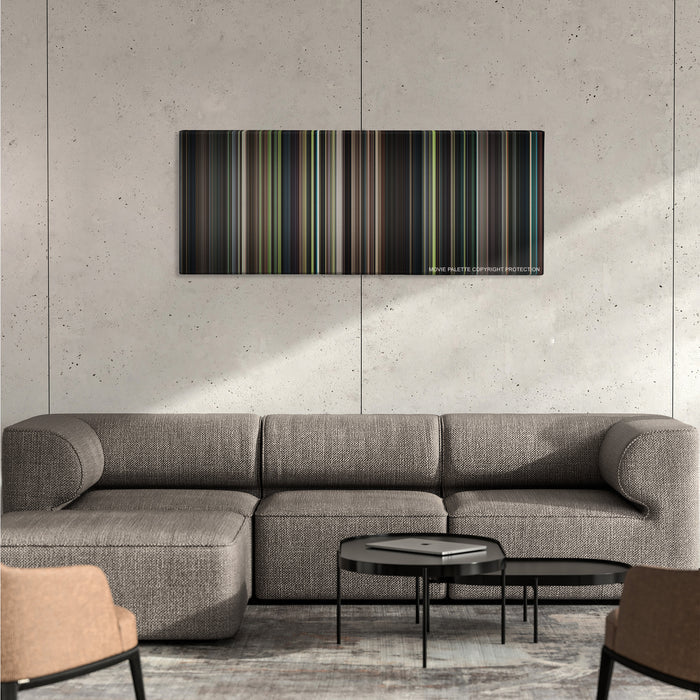 The Handmaiden color palette canvas on a concrete wall above a gray sectional sofa
