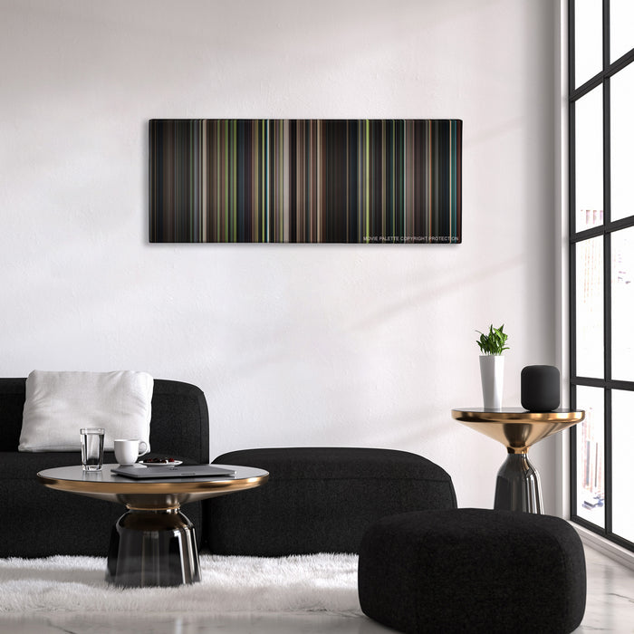 The Handmaiden color palette canvas above a black sofa with a gold-topped table