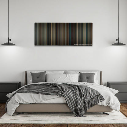 The Imitation Game color palette canvas above a bed, between two black pendant lamps