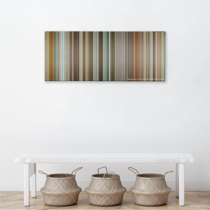 The Invention of Lying color palette canvas above a white bench with three woven baskets