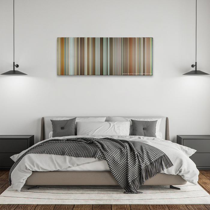 The Invention of Lying color palette canvas above a bed, between two black pendant lamps