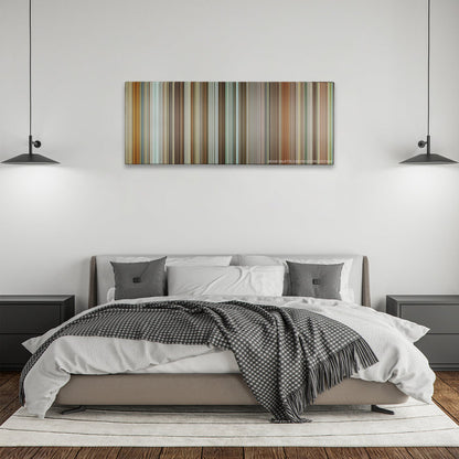 The Invention of Lying color palette canvas above a bed, between two black pendant lamps