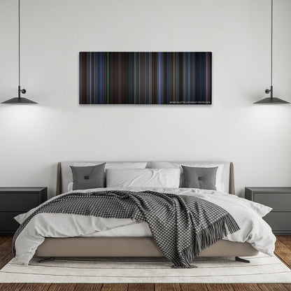 The Recruit color palette canvas above a bed, between two black pendant lamps