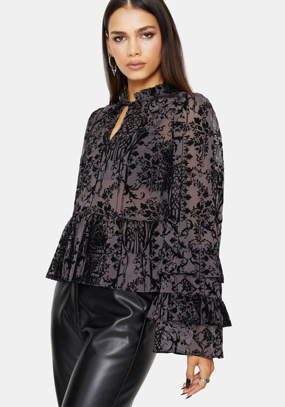Thorned Flocked Castle Print Chiffon Frill Blouse