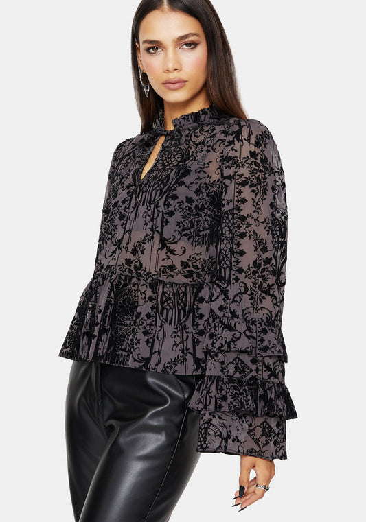 Thorned Flocked Castle Print Chiffon Frill Blouse
