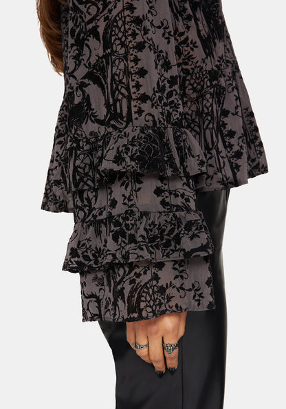 Thorned Flocked Castle Print Chiffon Frill Blouse