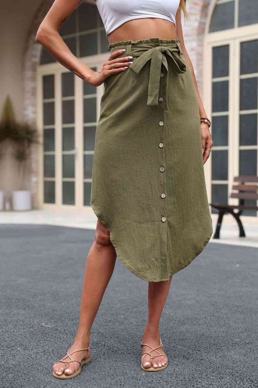 Tie Belt Frill Trim Buttoned Skirt - Madikfashions.com