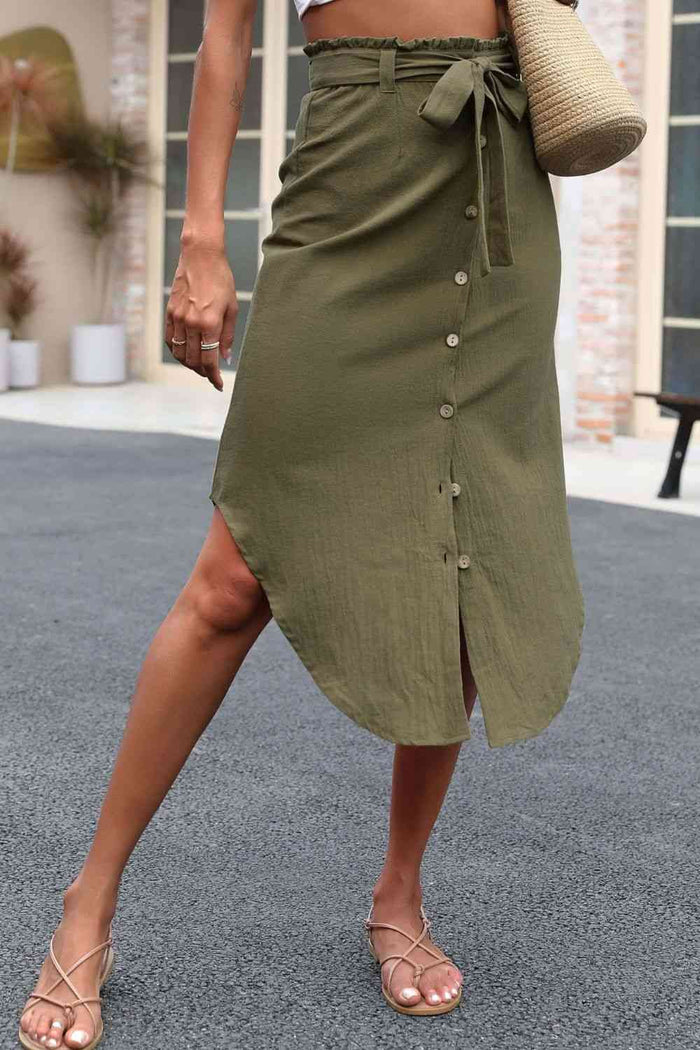 Tie Belt Frill Trim Buttoned Skirt - Madikfashions.com