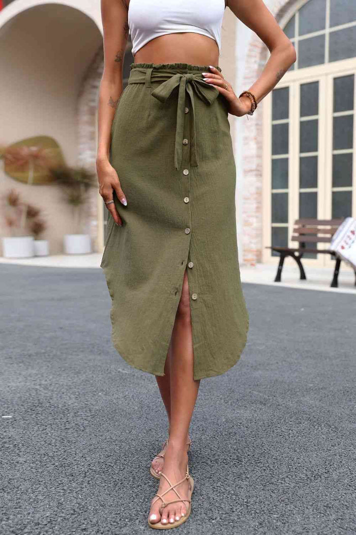 Tie Belt Frill Trim Buttoned Skirt - Madikfashions.com