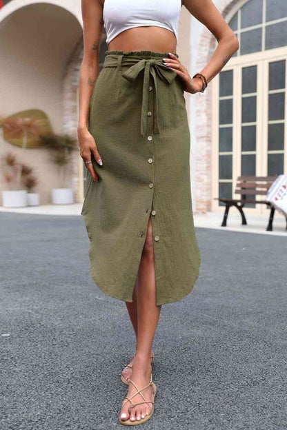 Tie Belt Frill Trim Buttoned Skirt - Madikfashions.com