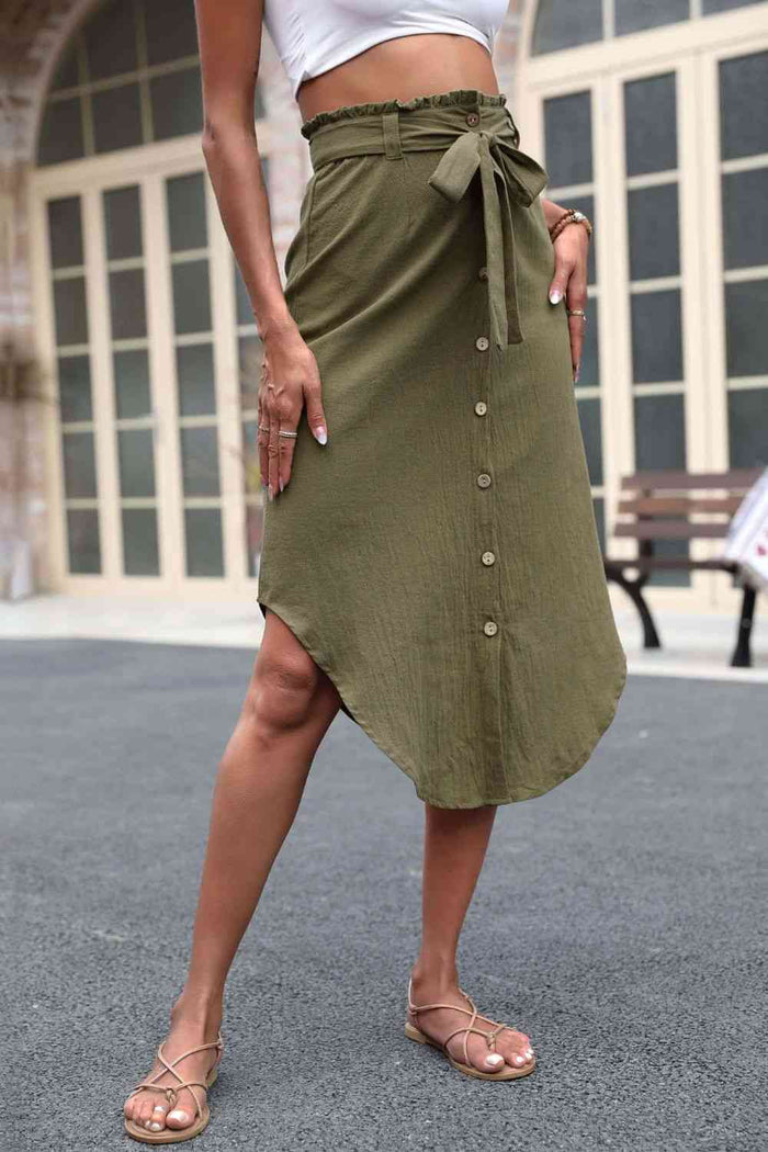 Tie Belt Frill Trim Buttoned Skirt - Madikfashions.com