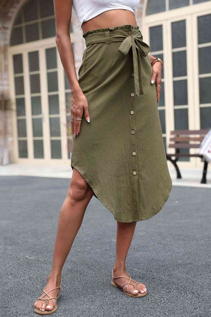 Tie Belt Frill Trim Buttoned Skirt - Madikfashions.com