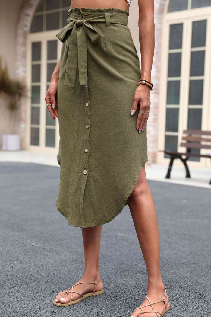 Tie Belt Frill Trim Buttoned Skirt - Madikfashions.com