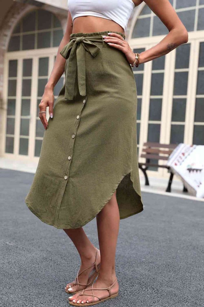 Tie Belt Frill Trim Buttoned Skirt - Madikfashions.com