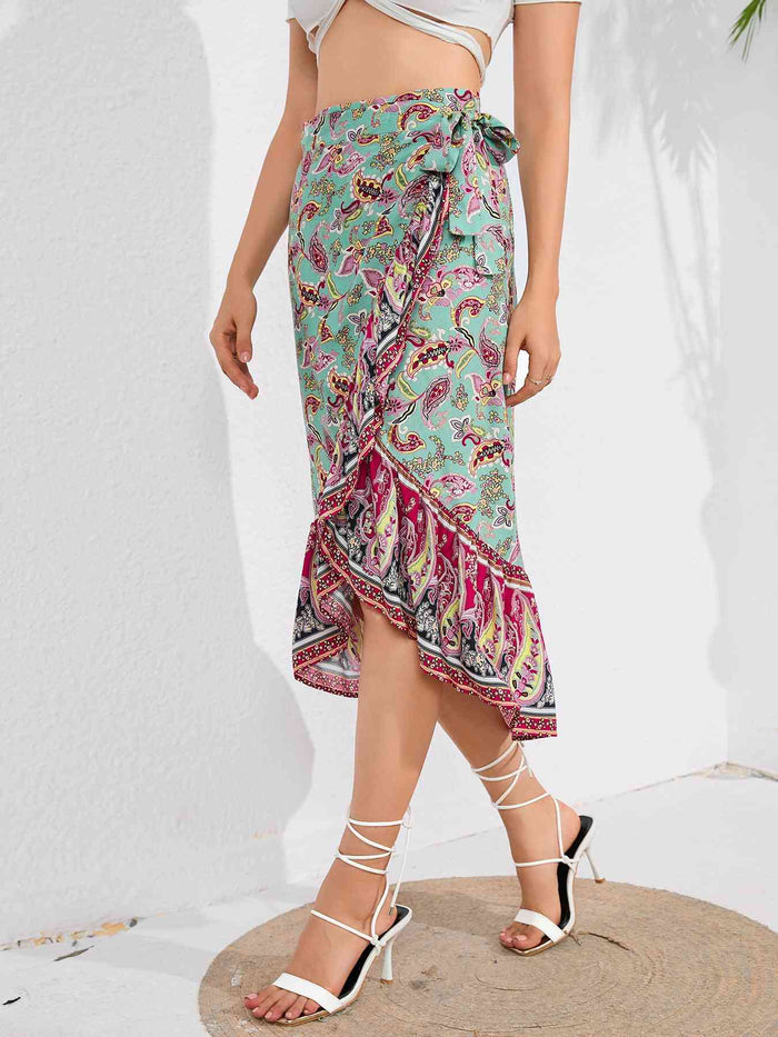 Tie Waistband Flounce Hem Midi Skirt - Madikfashions.com