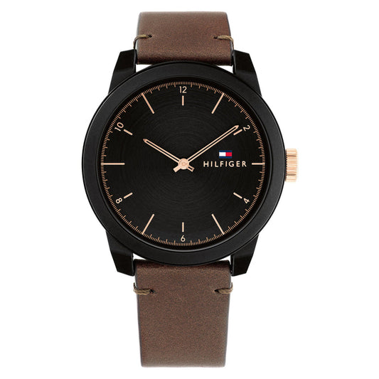 Tommy Hilfiger Brown Leather Black Dial Men's Watch - 1710544