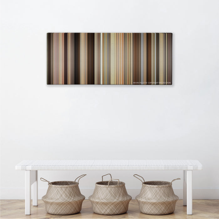 Trainwreck color palette canvas above a white bench with three woven baskets
